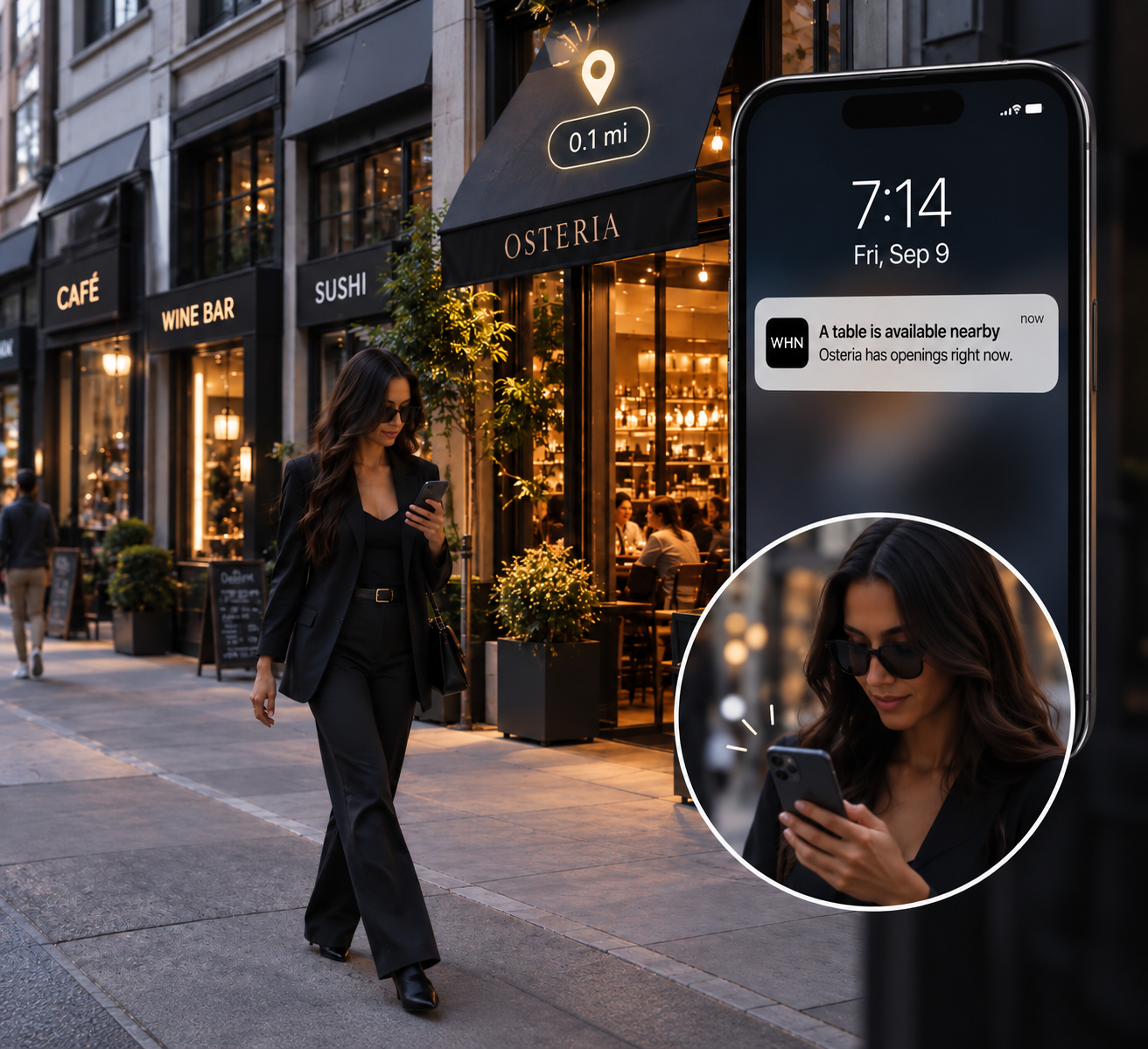 A guest gets a nearby availability notification from WHN while walking past restaurants