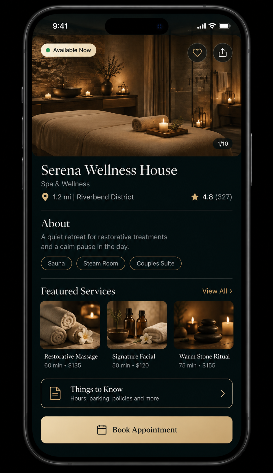 The WHN app showing a spa venue listing with availability, featured services and a booking button