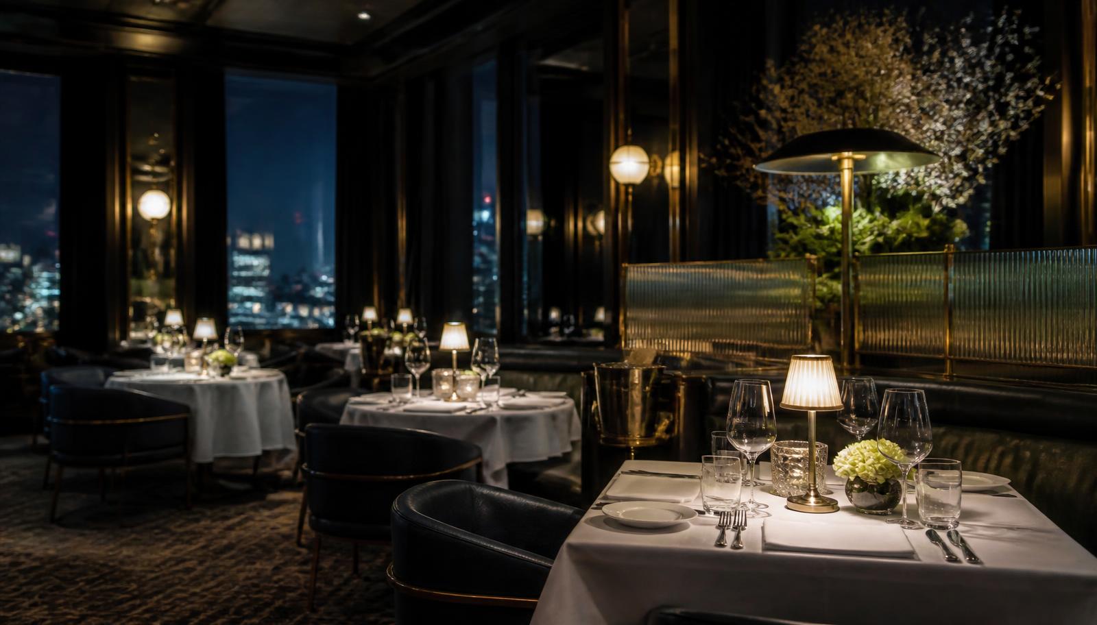 A refined dining room overlooking the city at night